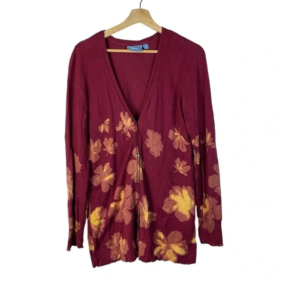 Simply Vera Vera Wang Red & Yellow Floral V-Neck Cardigan Sweater L - Picture 1 of 5